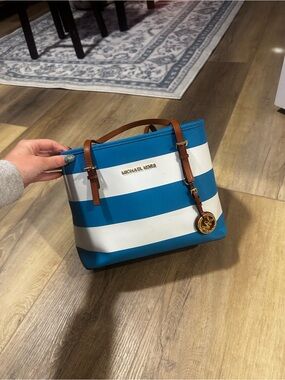 Michael Kors Blue and White Striped Tote with Brown Leather Trim